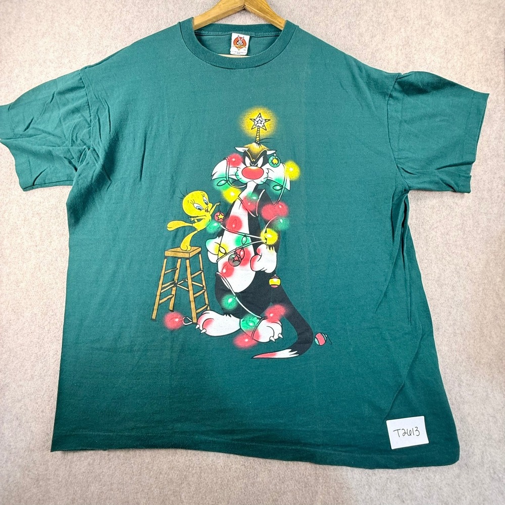 Vintage Looney Tunes Sylvester Tweety Christmas T-Shirt XL Green Holiday Graphic